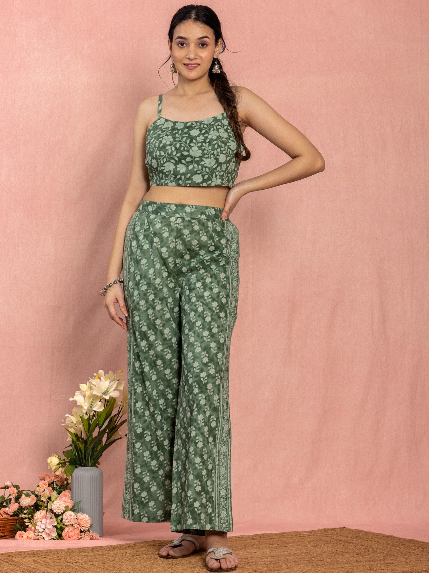Green Cotton Relaxed Fit Floral Printed Co-ord Set